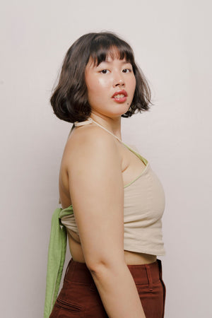 "Fan Yourself" Reversible Halter Top (Avocado & Oat)